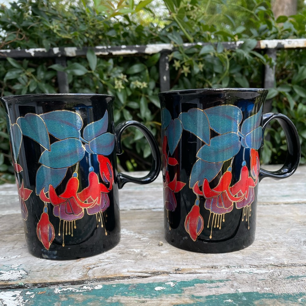 Vintage Dunoon Eden Ruth Boden Black floral mugs Scotland